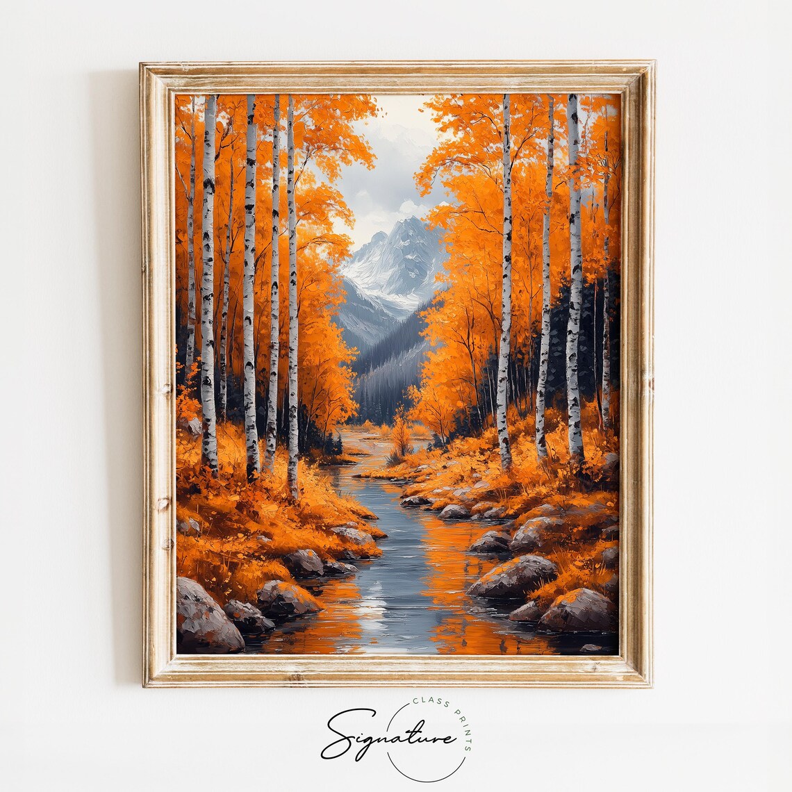 Autumn Birch Grove Stream Snowy Peaks Orange Reflections Poster