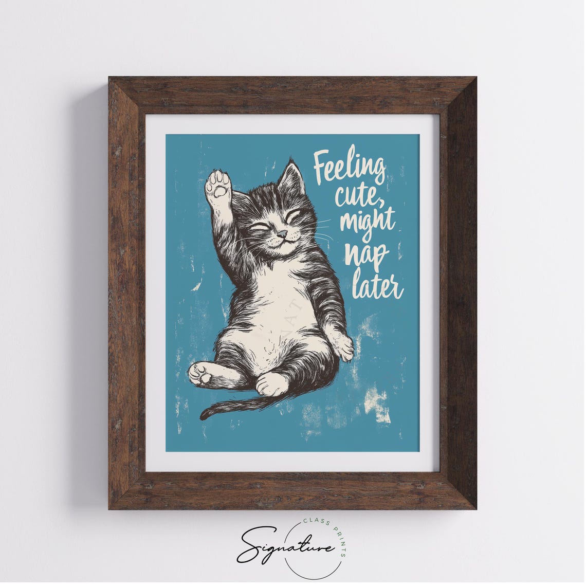 Feeling Cute Might Nap Later Sleepy Tabby Kitten Teal Wall Art - Image 4