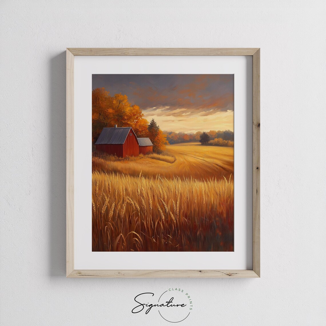 Red Barn at Sunset Over Golden Wheat Field Autumn Landscape Poster - Image 3