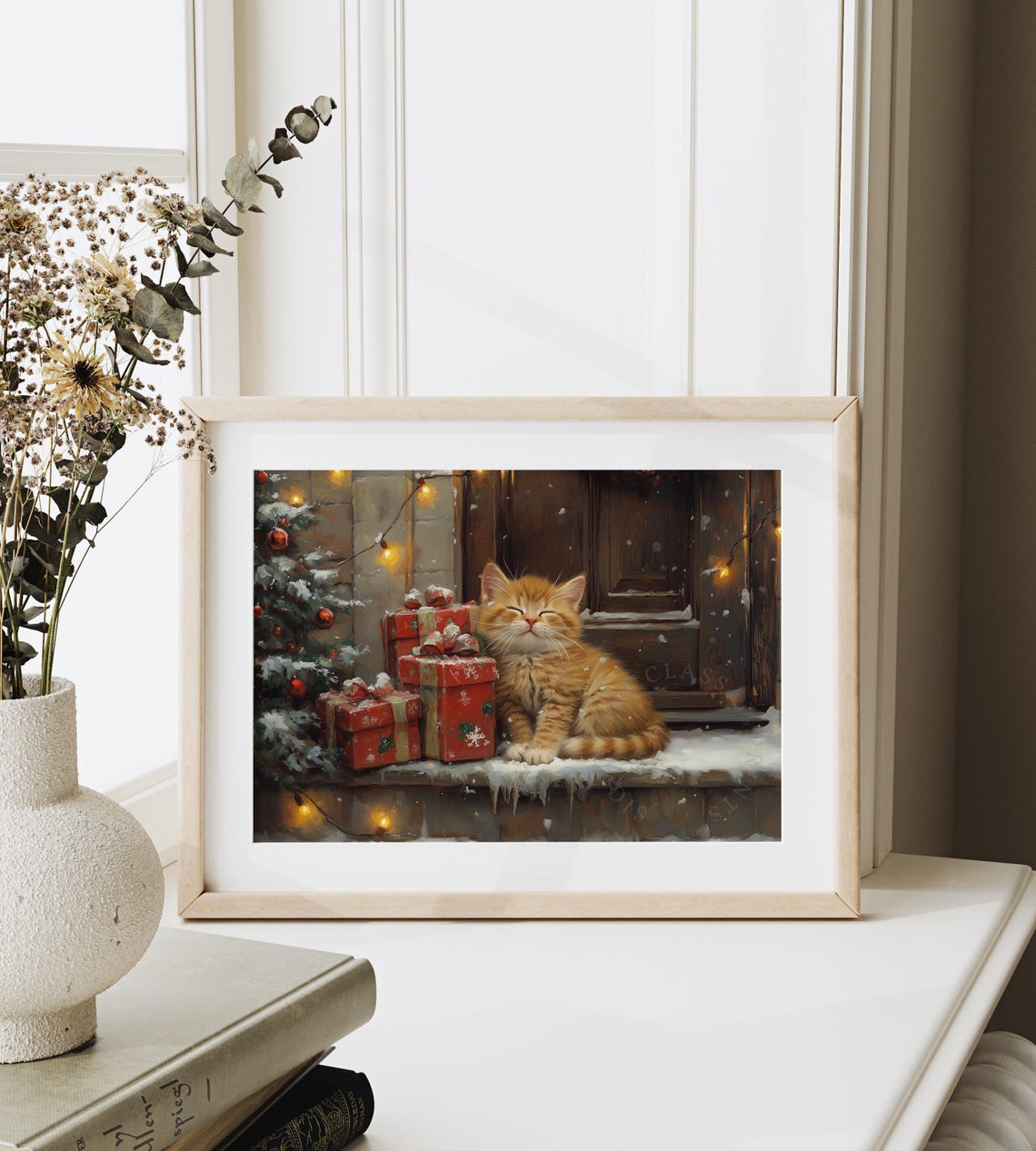 Sleeping Ginger Kitten on Snowy Porch Ledge Beside Red Gifts Poster - Image 6
