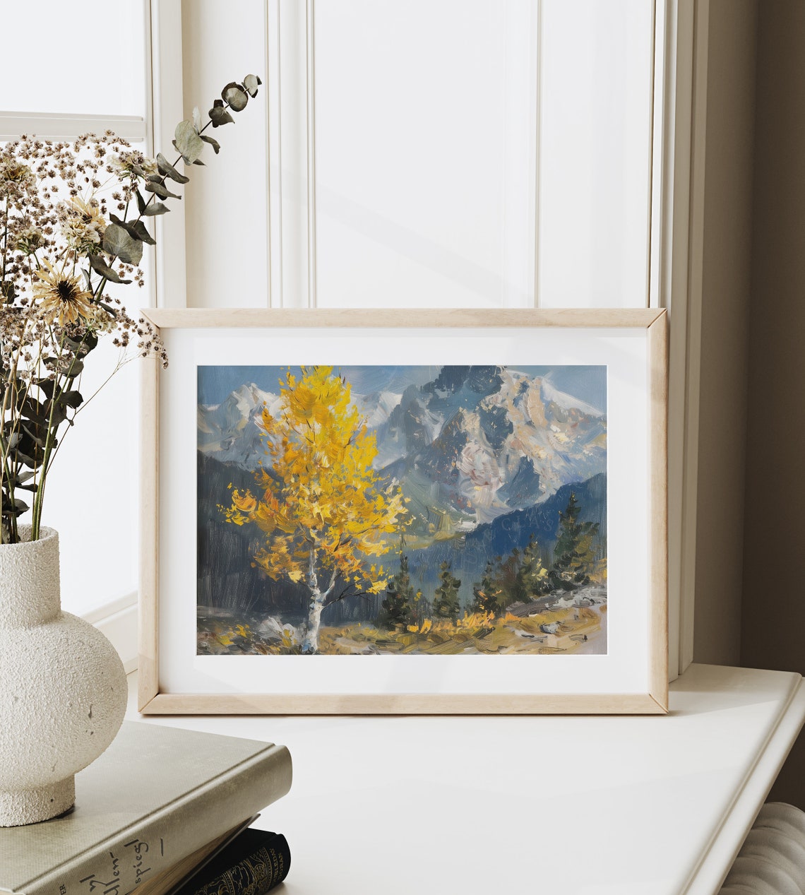 Golden Aspen Tree Before Snowcapped Mountains Autumn Valley Poster - Image 6