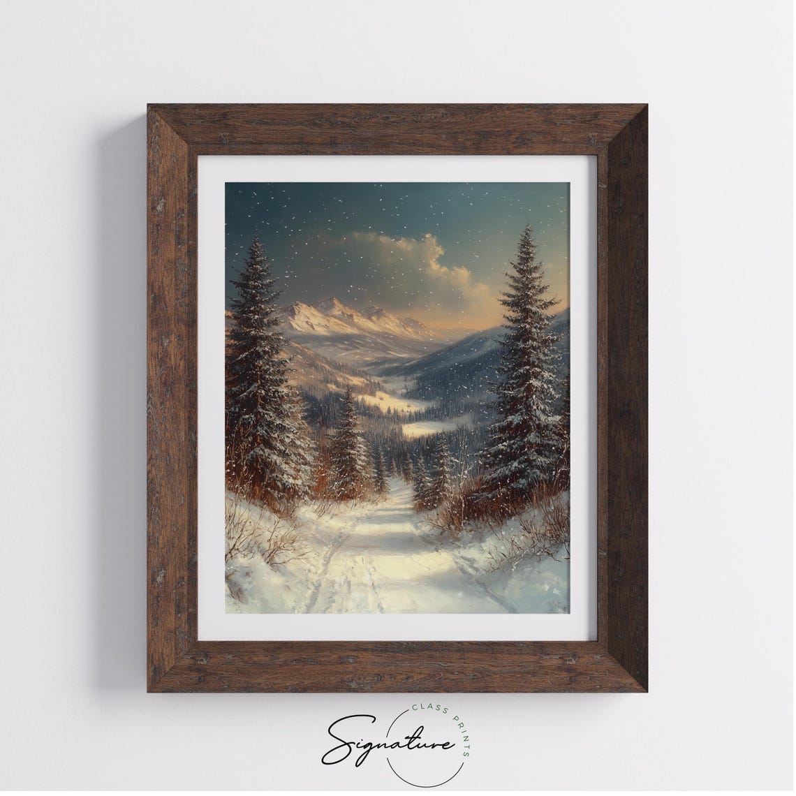 Snow Covered Mountain Valley Framed By Tall Pine Trees Poster - Image 3