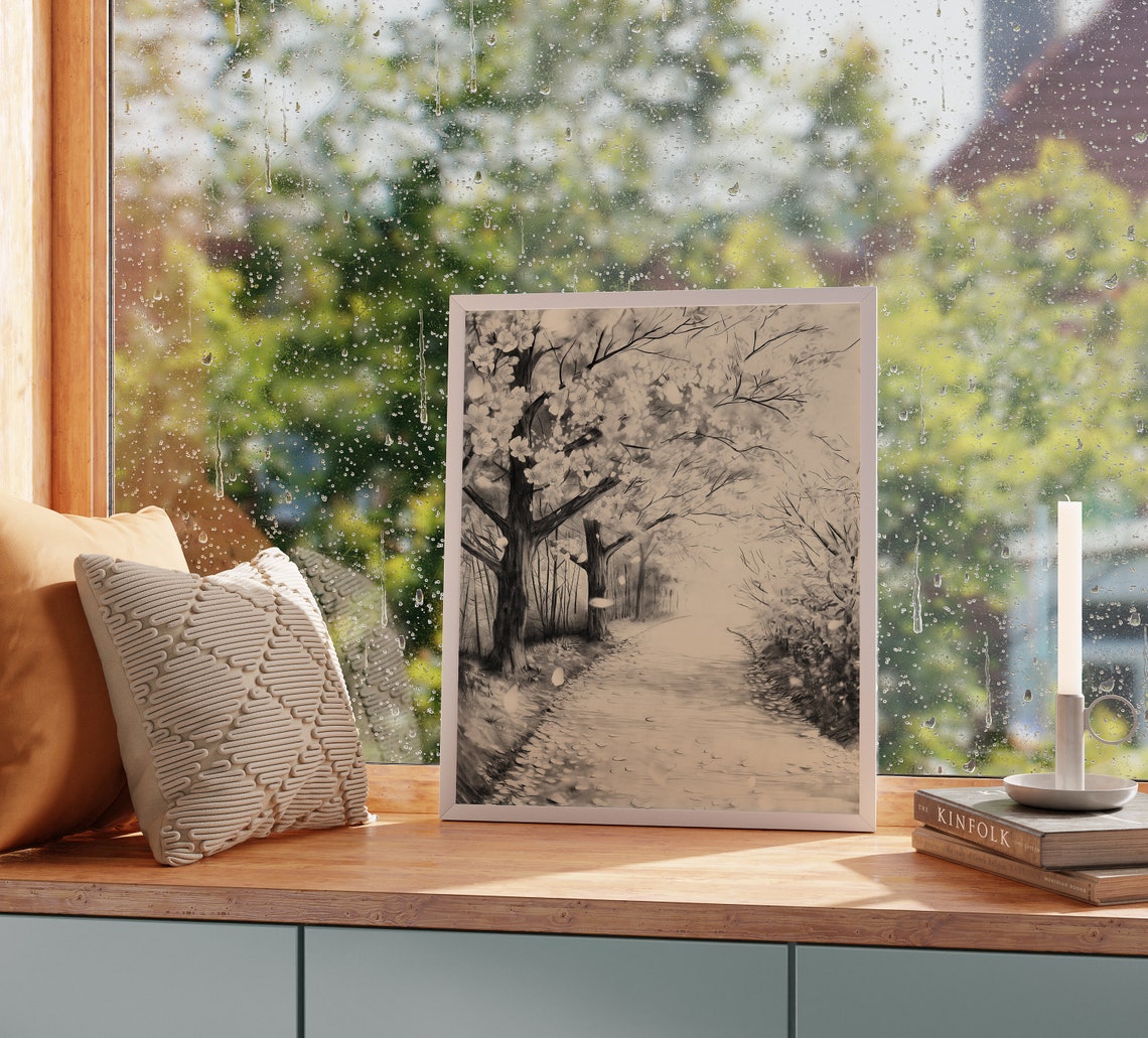 Cherry Blossom Path In Spring Monochrome Watercolor Art Poster - Image 2