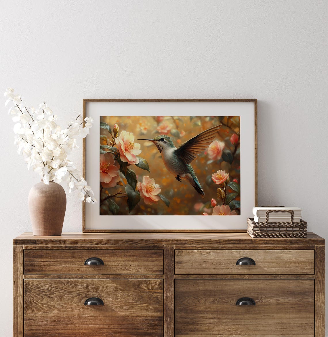 Hummingbird Among Peach Camellia Blossoms Golden Floral Wall Art - Image 2