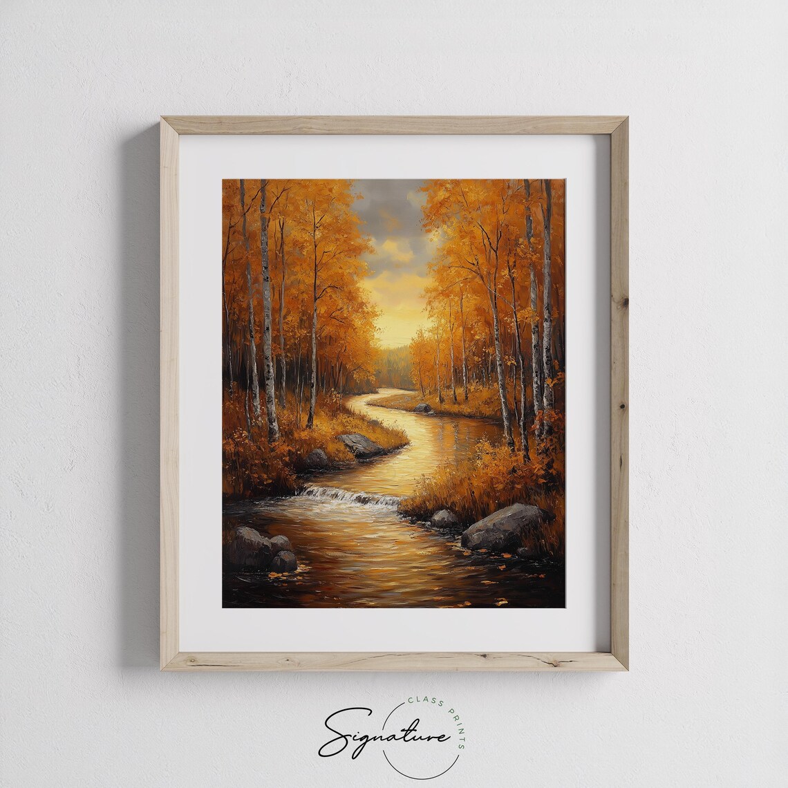 Autumn Birch Forest River Painting Golden Sunset Fall Landscape Poster - Image 3