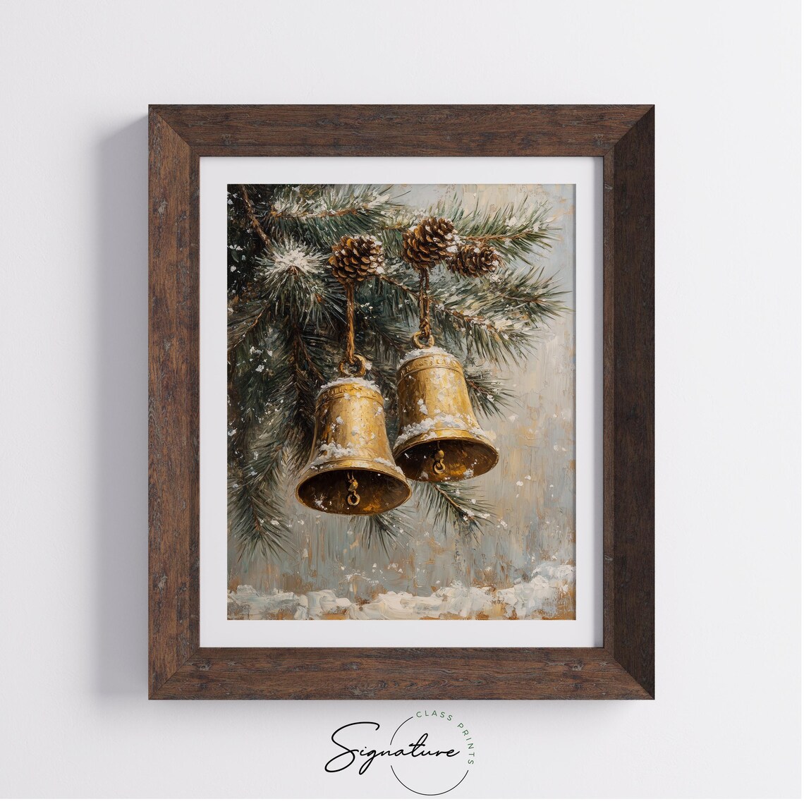 Pair of Golden Christmas Bells on a Snowy Evergreen Branch Poster - Image 3