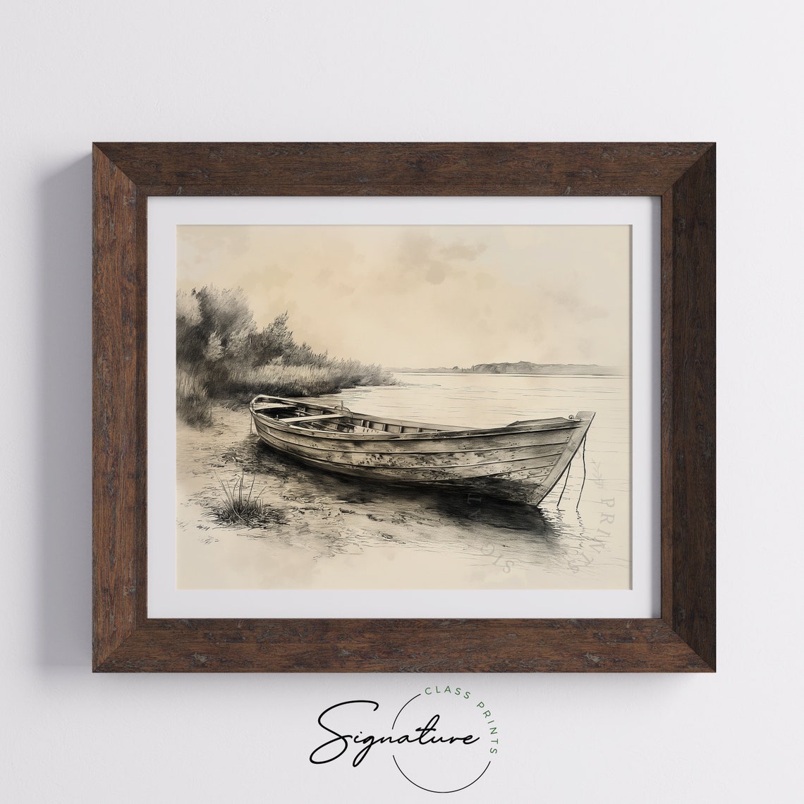 Vintage Rowboat Resting On Riverbank Rustic Nautical Sketch Poster - Image 5