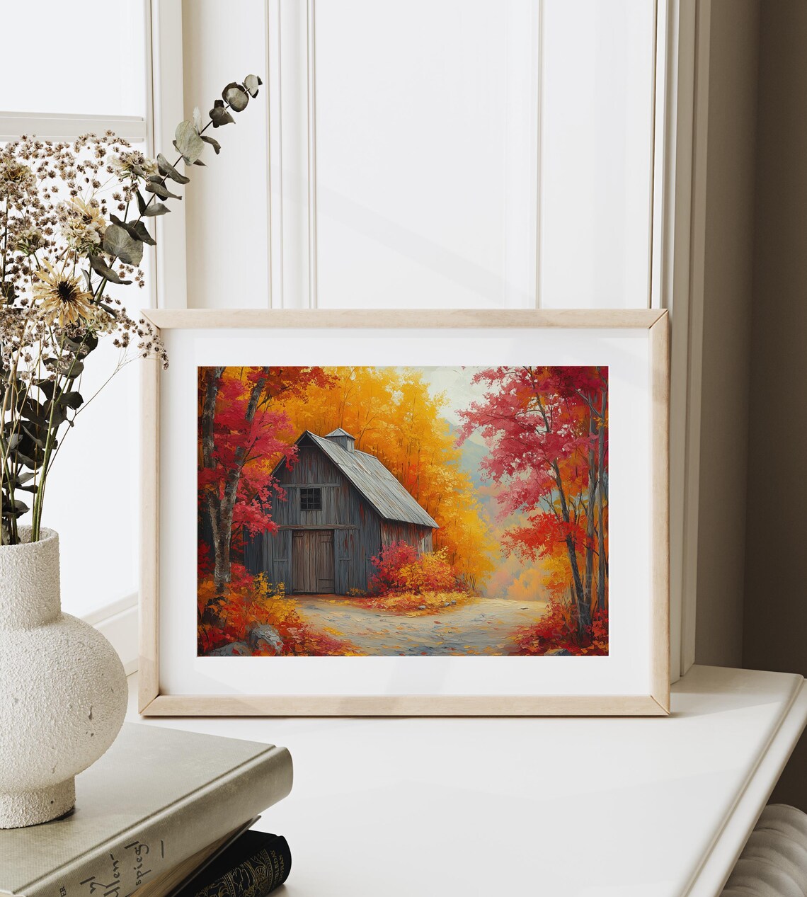 Gray Wooden Barn Hidden Among Crimson and Gold Autumn Maples Wall Art - Image 6