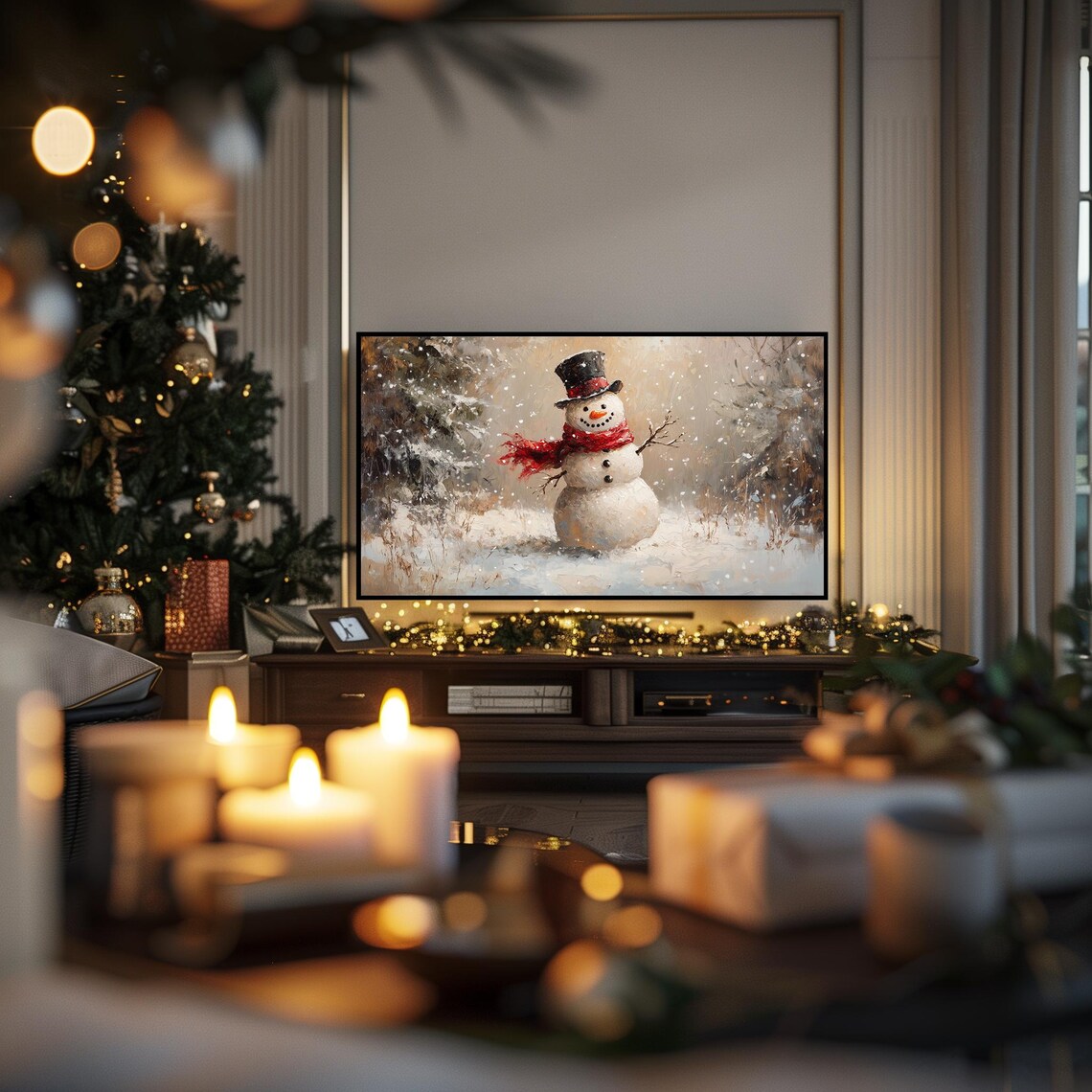 Snowman With Top Hat and Red Scarf in Snowy Forest Holiday Art Poster - Image 6