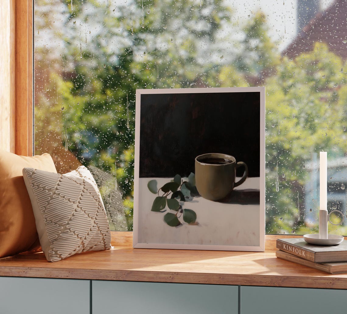 Coffee Mug And Eucalyptus Leaves Moody Minimalist Art Poster - Image 2