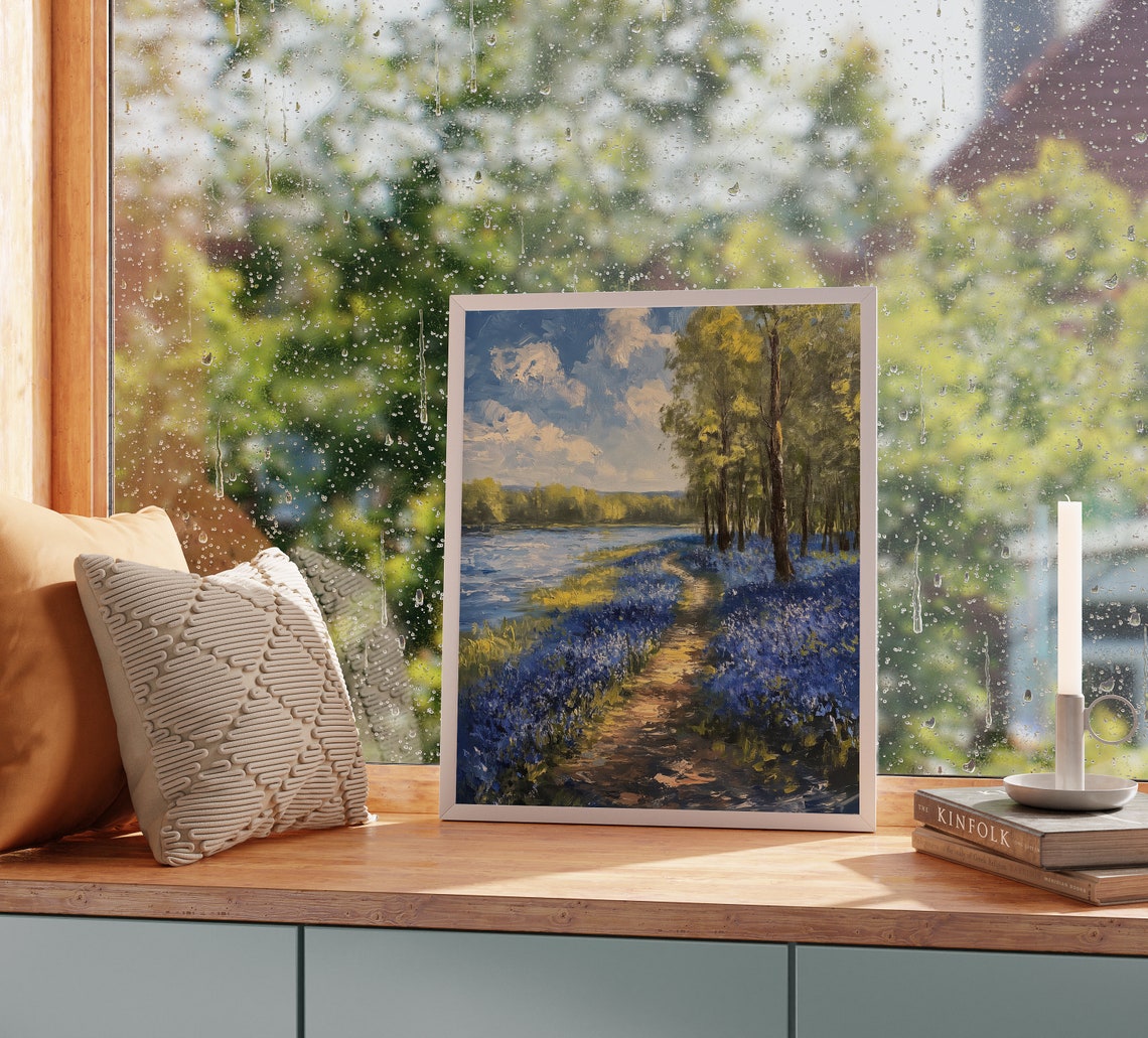 Bluebell Woodland Path Along Riverbank Spring Wildflowers Poster - Image 2