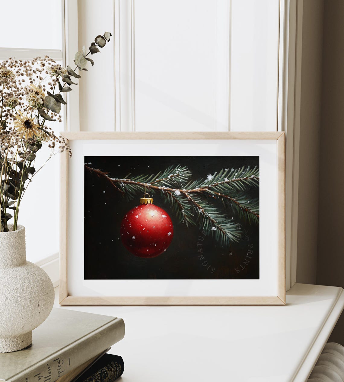 Red Christmas Bauble Hanging From A Snowy Pine Branch Art Poster - Image 6