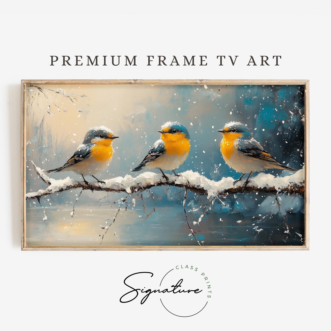 Snowy Perch Bluebirds Trio Winter Birds Yellow Breasts Falling Snow Poster