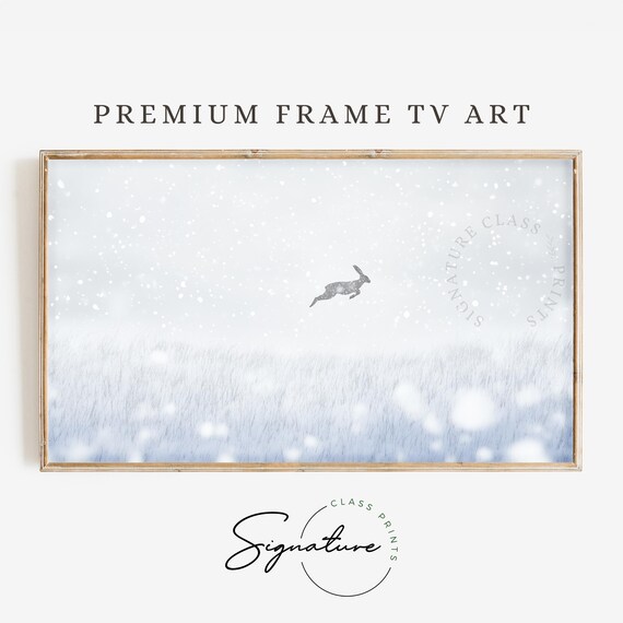 Leaping Hare in Falling Snow Winter Wildlife Meadow Art Poster