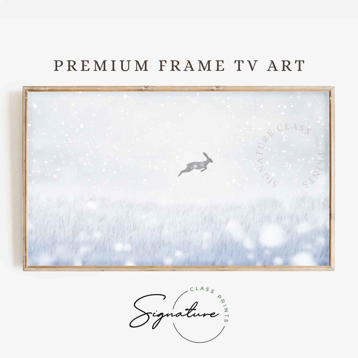 Leaping Hare in Falling Snow Winter Wildlife Meadow Art Poster