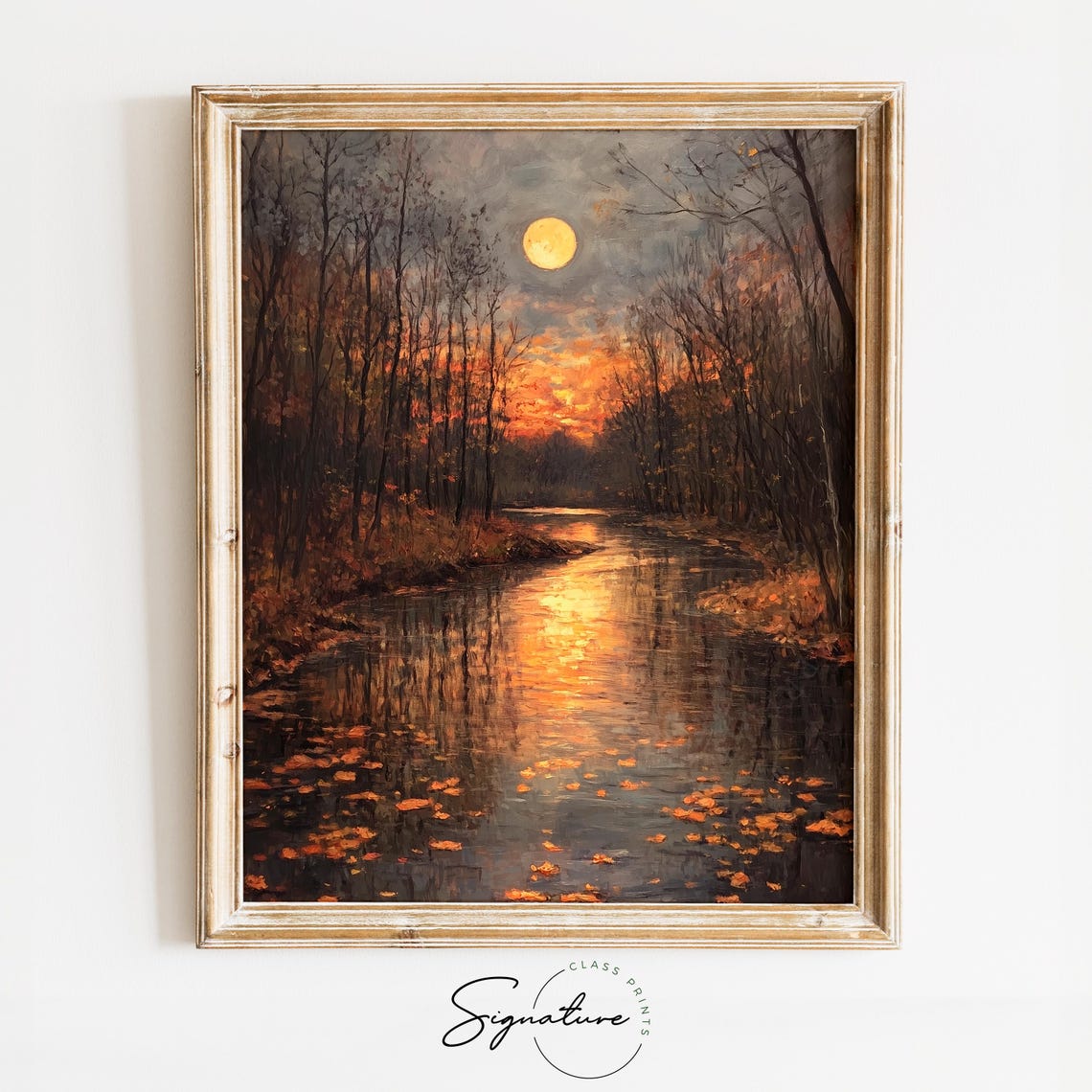 Full Moon Rising Over a Winding River Glowing With Autumn Light Poster