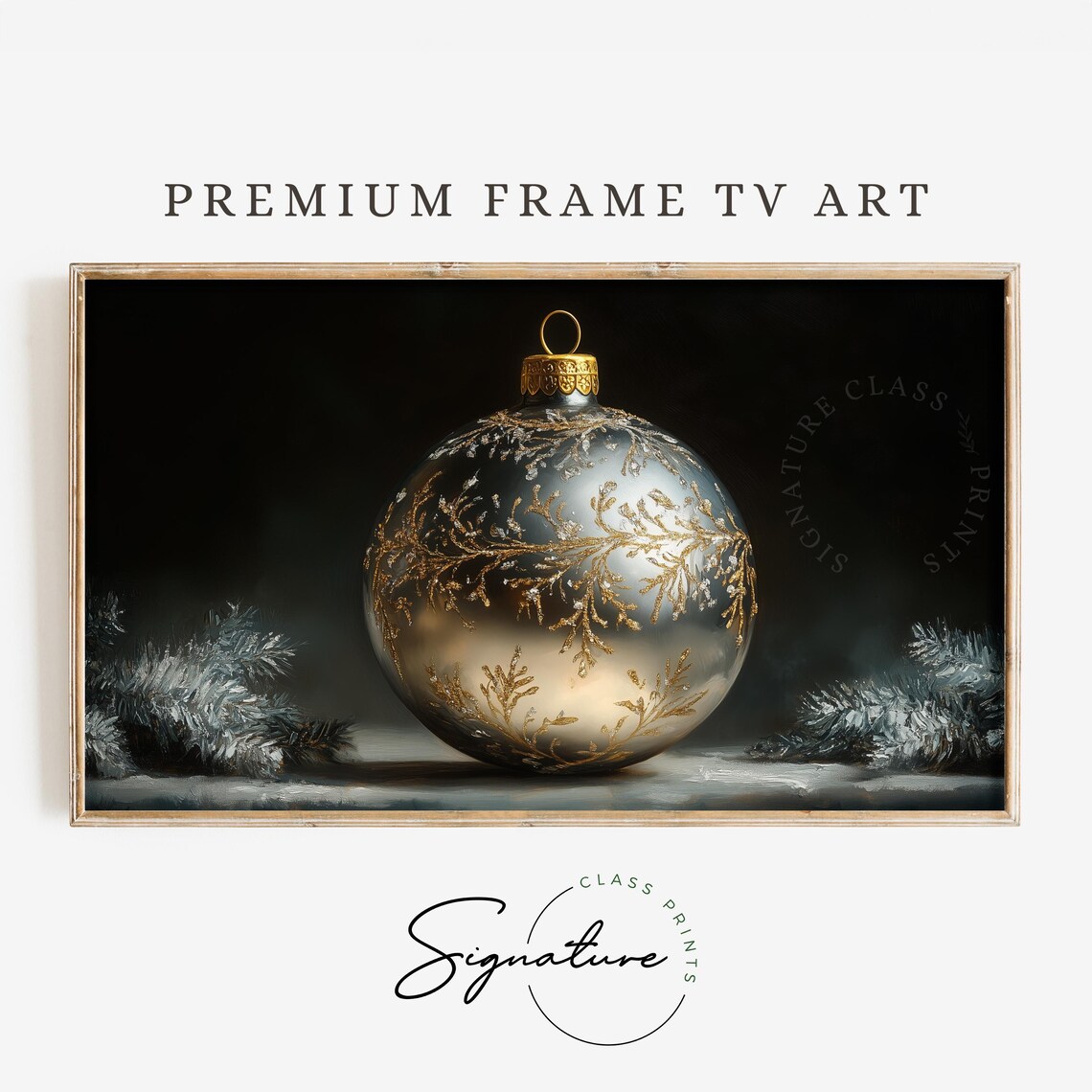 Silver Christmas Ornament With Gold Fern on Black Holiday Art Poster