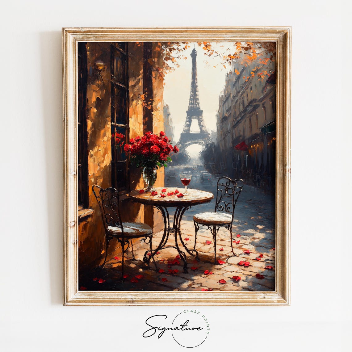 Parisian Street Cafe Eiffel Tower Roses Romantic Travel Poster Art