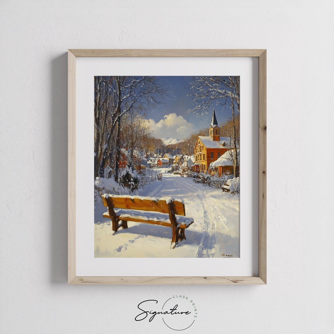 Sunny Snowy Village Street With Church And Bench Winter Scene Poster - Image 2