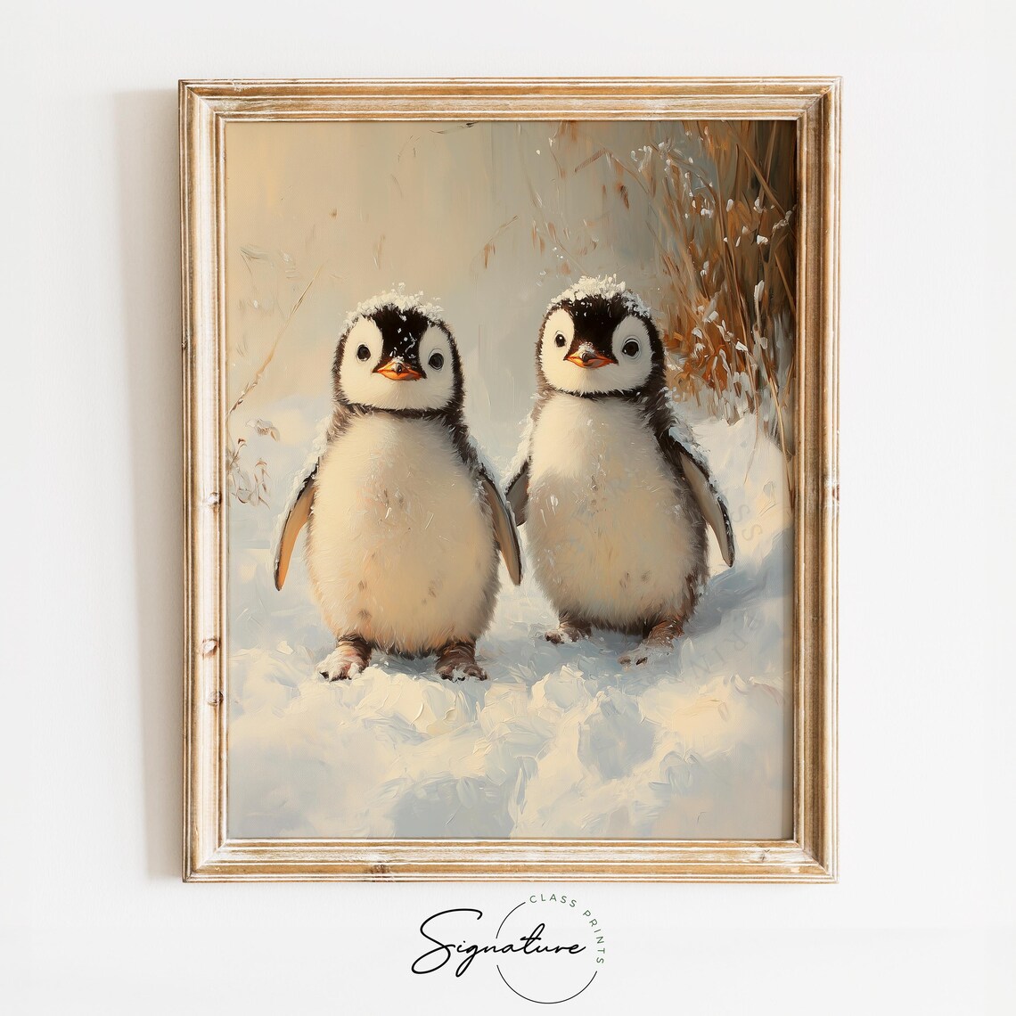Baby Penguins Snow Cute Penguin Chicks Winter Wildlife Painting Poster