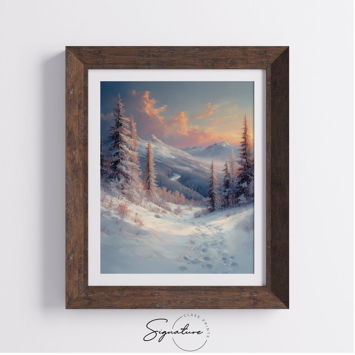 Peaceful Snowy Mountain Trail Footprints Sunset Landscape Poster - Image 2