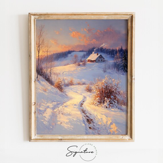 Cozy Winter Cabin at Sunset on Glowing Snow under Pink Sky Poster