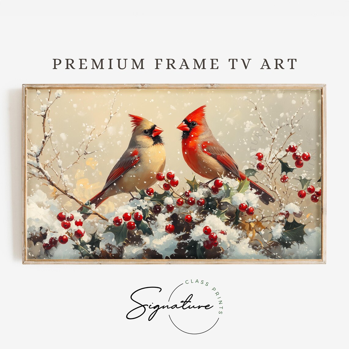 Cardinal Pair in Snowy Holly Bush Red Berries Winter Bird Poster