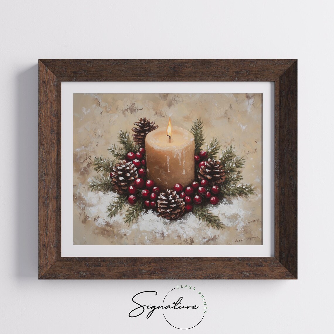 Lit Holiday Candle With Cranberries Pinecones Festive Wreath Poster - Image 5