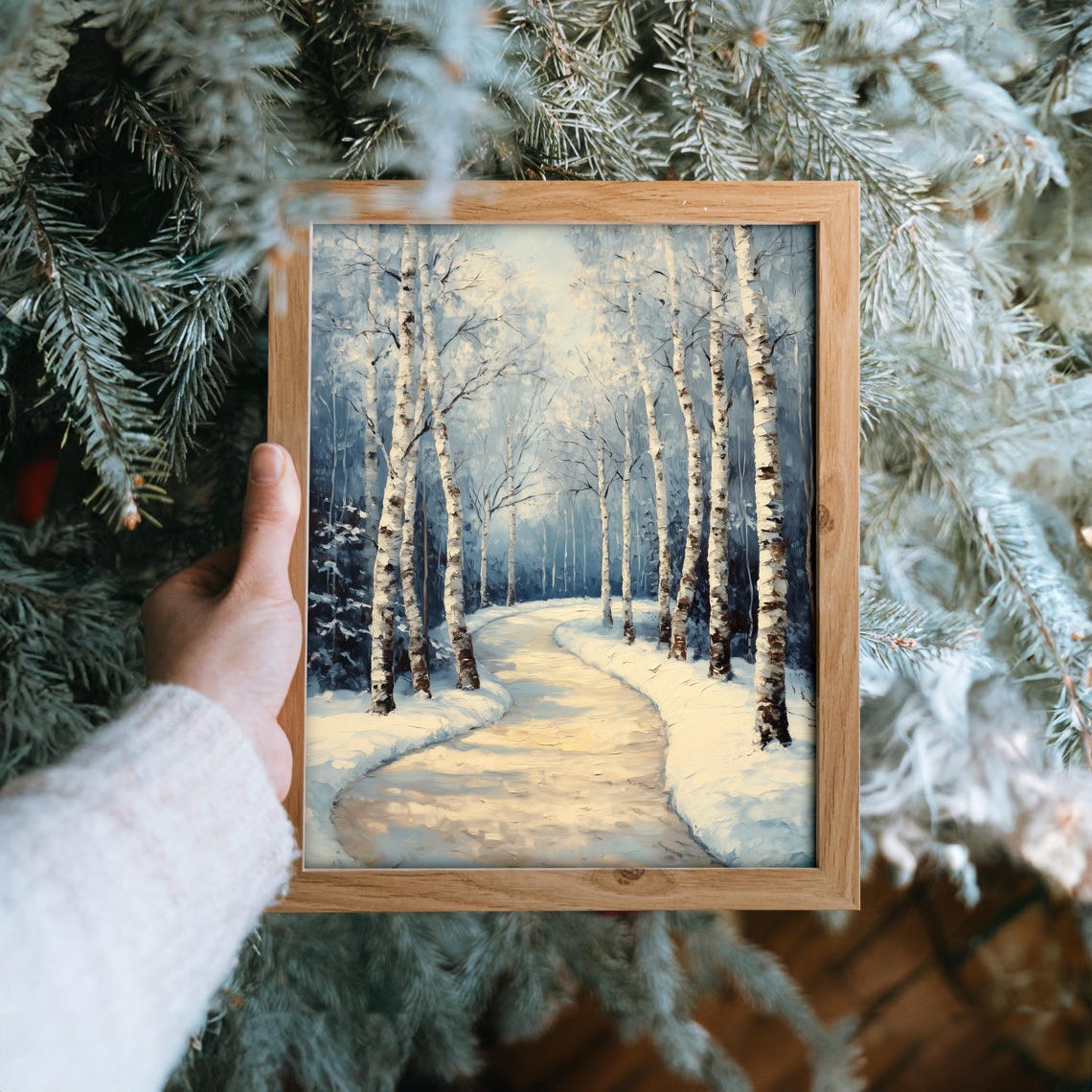 Birch Tree Lined Snowy Lane Curving Through Winter Woods Poster - Image 6