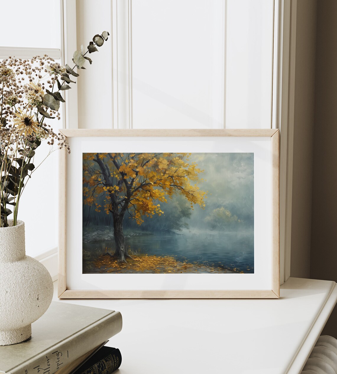 Golden Chestnut Tree Beside Foggy Lakeside Misty Autumn Poster - Image 6