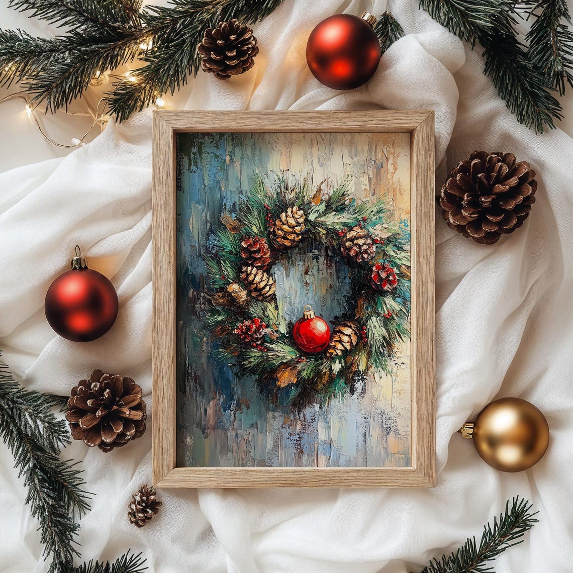 Christmas Wreath with Pinecones and Red Ornament Oil Painting Print - Image 4