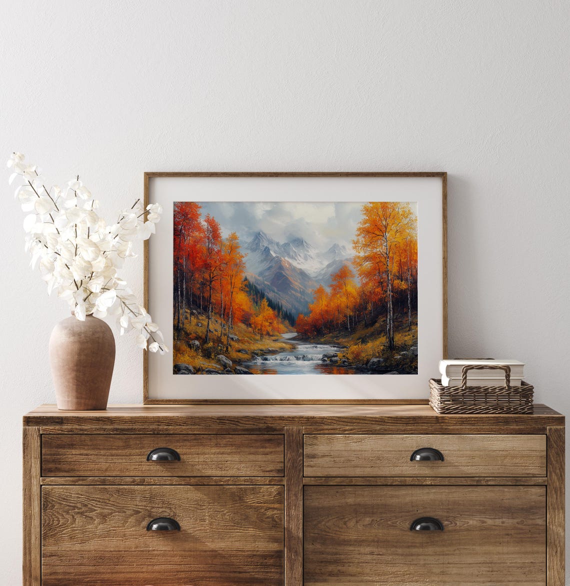 Autumn Mountain River Painting Snowy Peaks Colorful Fall Trees Poster - Image 3