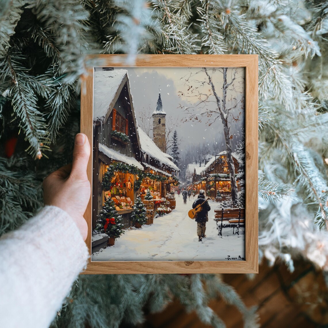 Snowy Village Market Street With Festive Shops And Wreaths Poster - Image 6