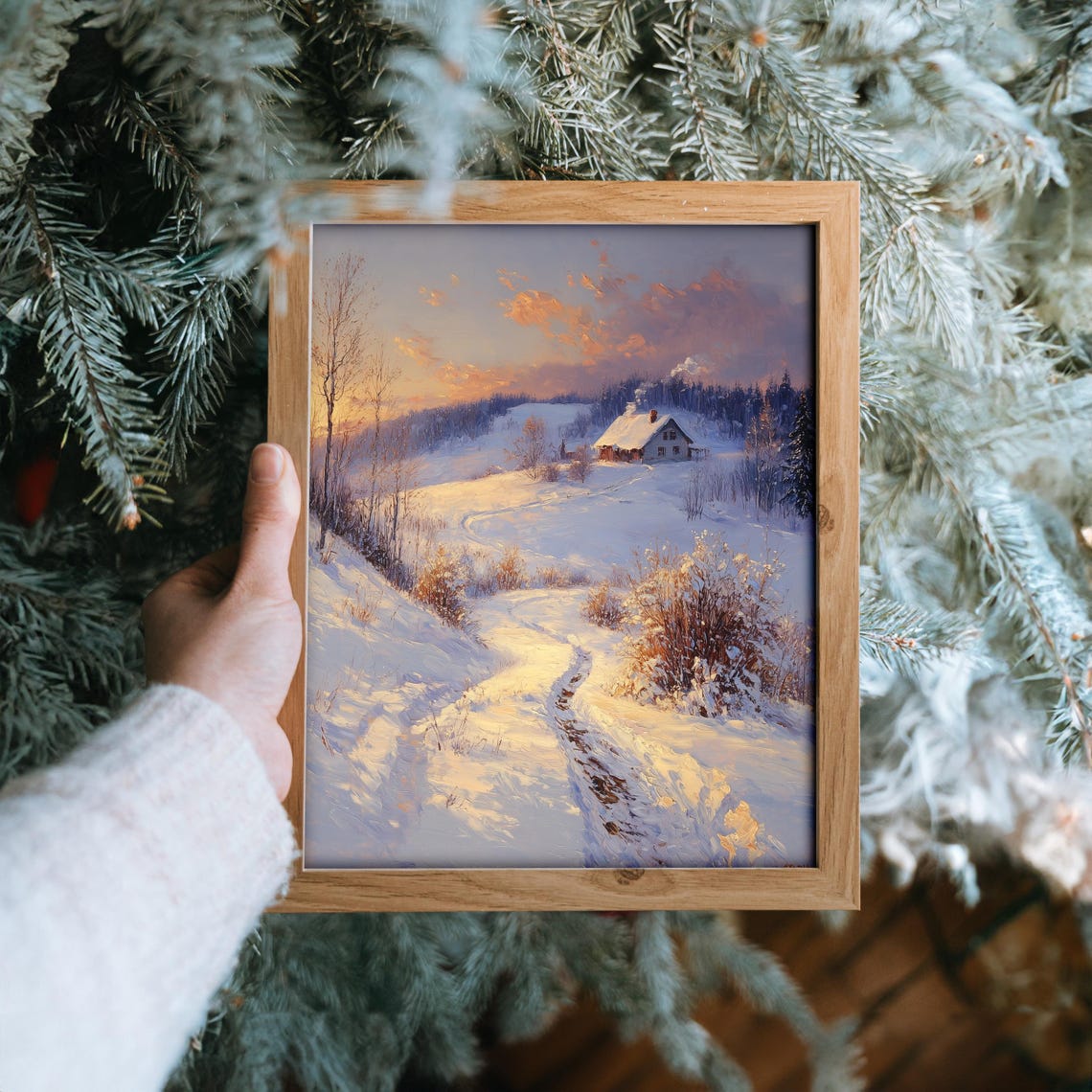 Cozy Winter Cabin at Sunset on Glowing Snow under Pink Sky Poster - Image 6