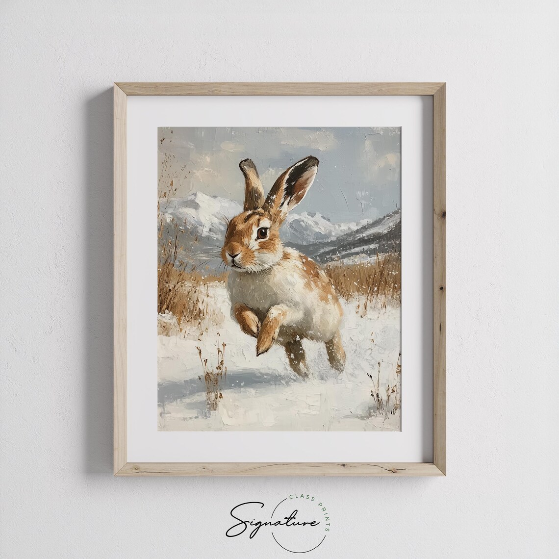 Hare Running Snow Mountain Winter Wildlife Woodland Animal Painting Poster - Image 3