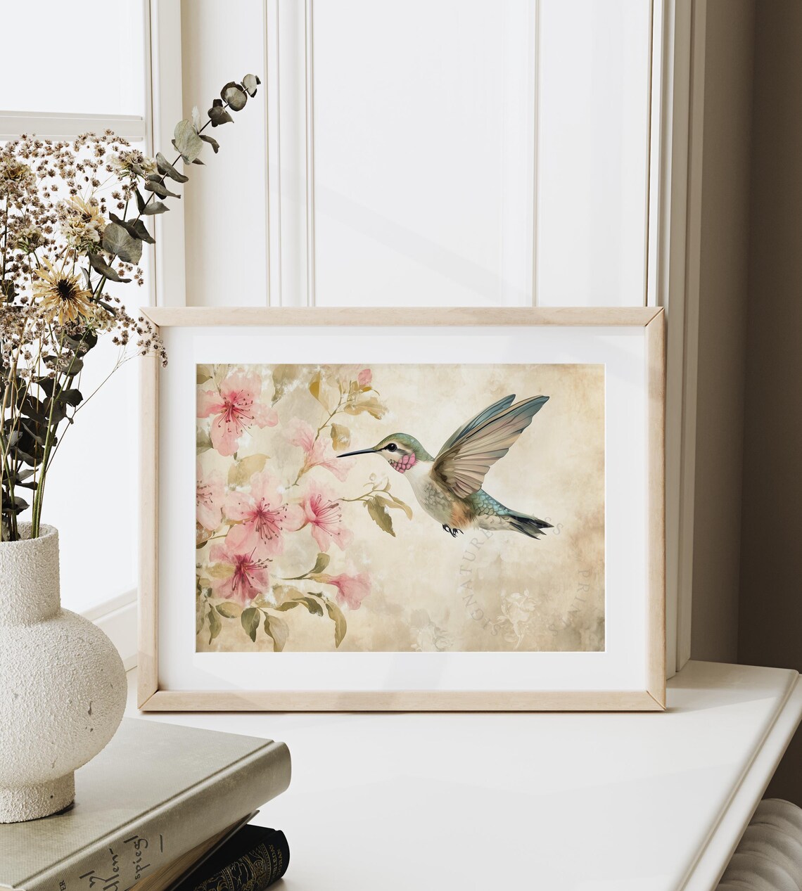Hummingbird Hovering Near Pink Blossoms Delicate Vintage Wall Art - Image 6