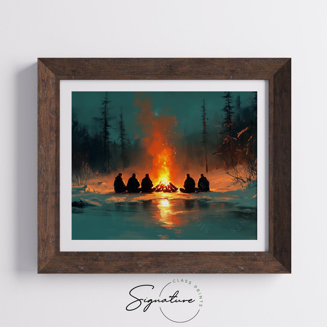 Friends Around Campfire At Night In Snowy Woods Winter Poster - Image 5
