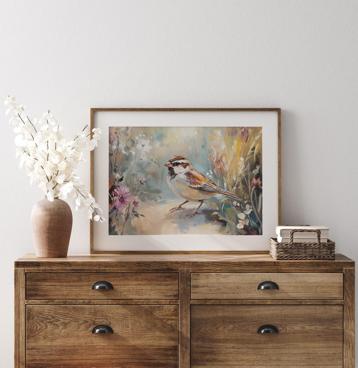 Curious Sparrow On Meadow Path Surrounded By Wildflowers Wall Art - Image 2