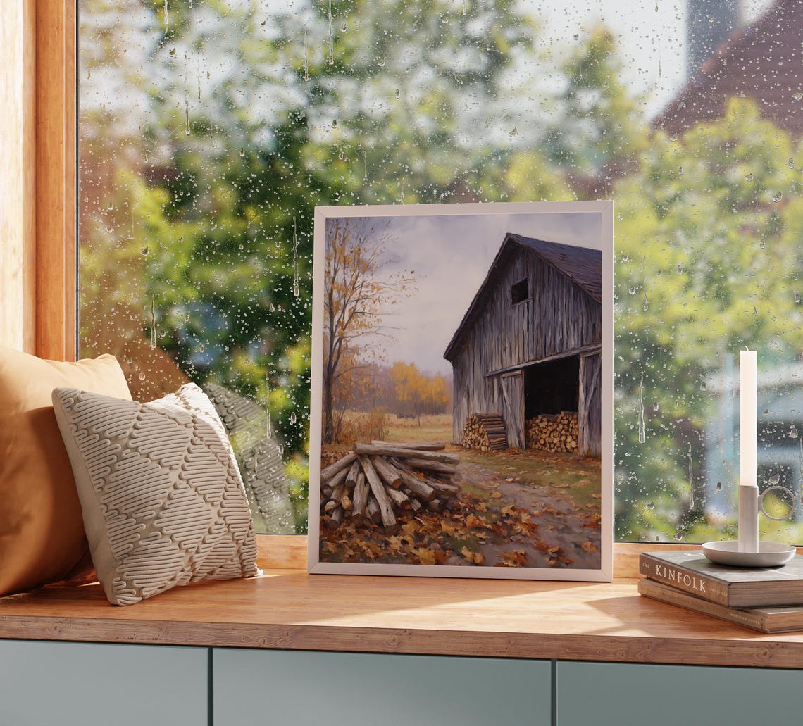 Weathered Gray Barn Firewood Stack Fall Harvest Country Painting Print - Image 2