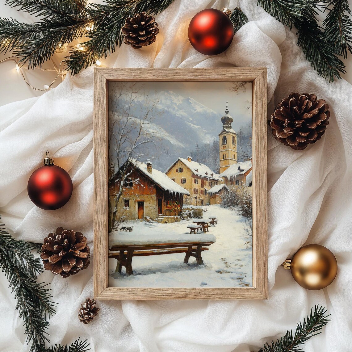 Snowy Alpine Village With Church Bell Tower And Benches Winter Poster - Image 4