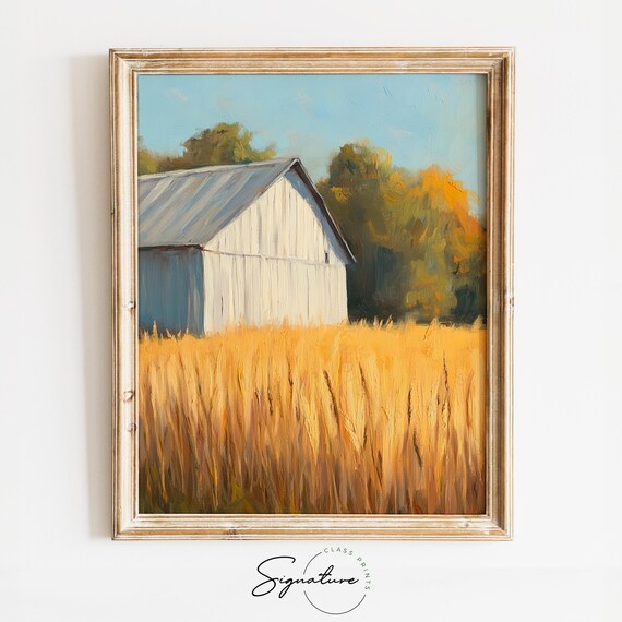 Classic White Barn Golden Wheat Field Summer Harvest Country Print
