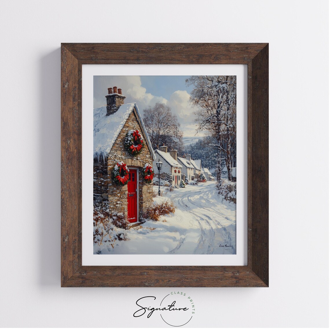 Stone Cottage with Red Door and Wreaths on Snowy Lane Poster - Image 3
