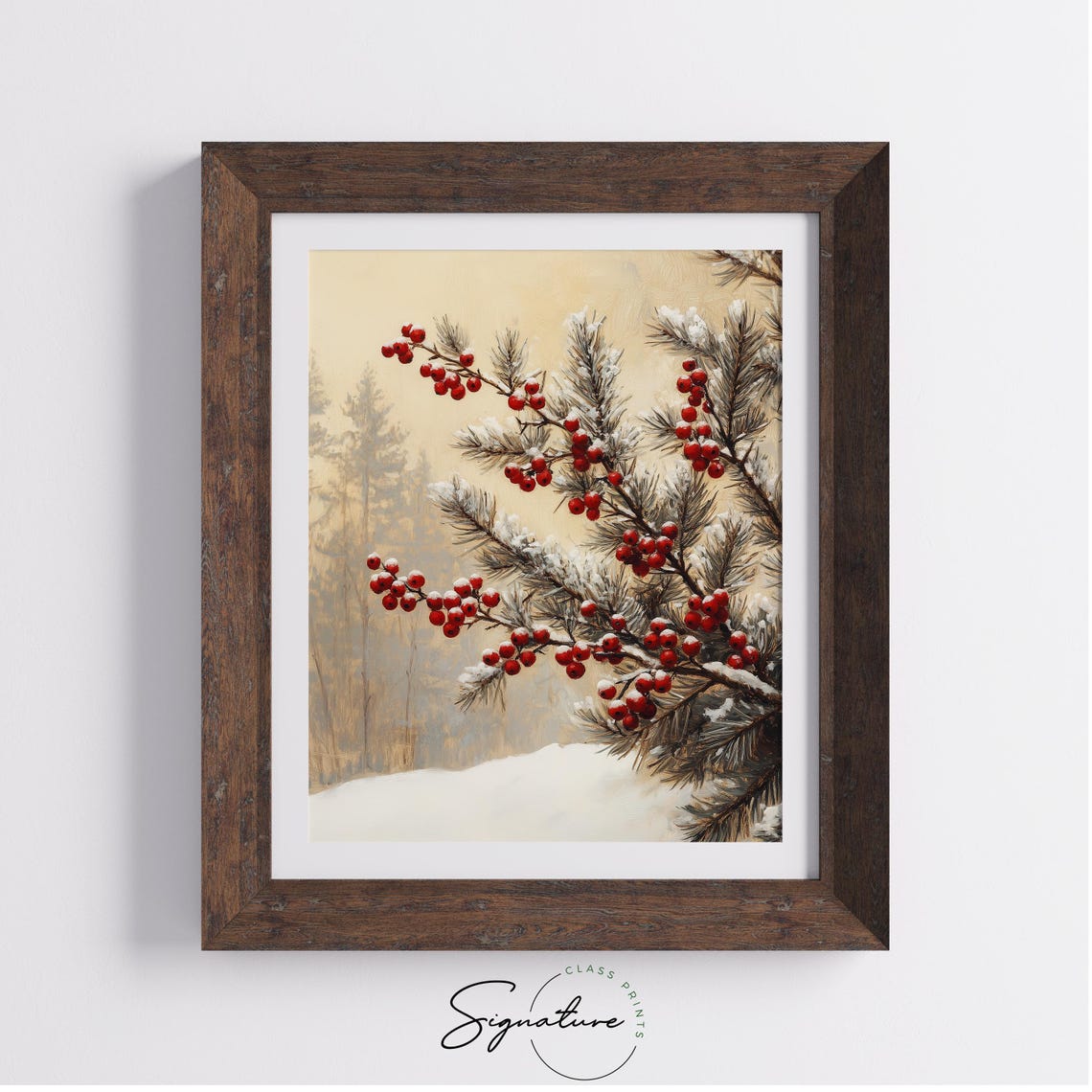 Red Winter Berries on Snow Dusted Pine Branches Botanical Poster - Image 3
