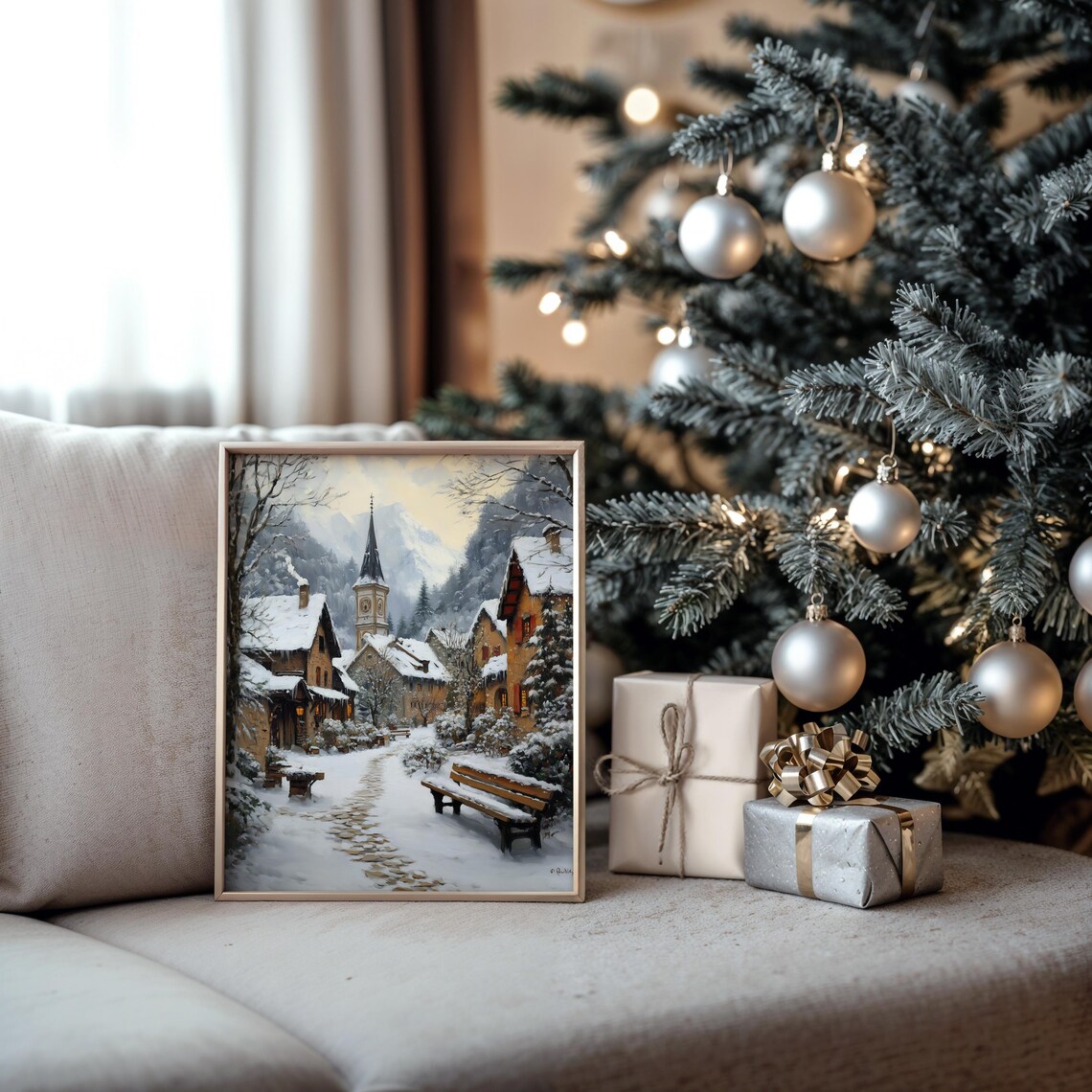 Snowy Alpine Village with Church Tower and Glowing Windows Poster - Image 5