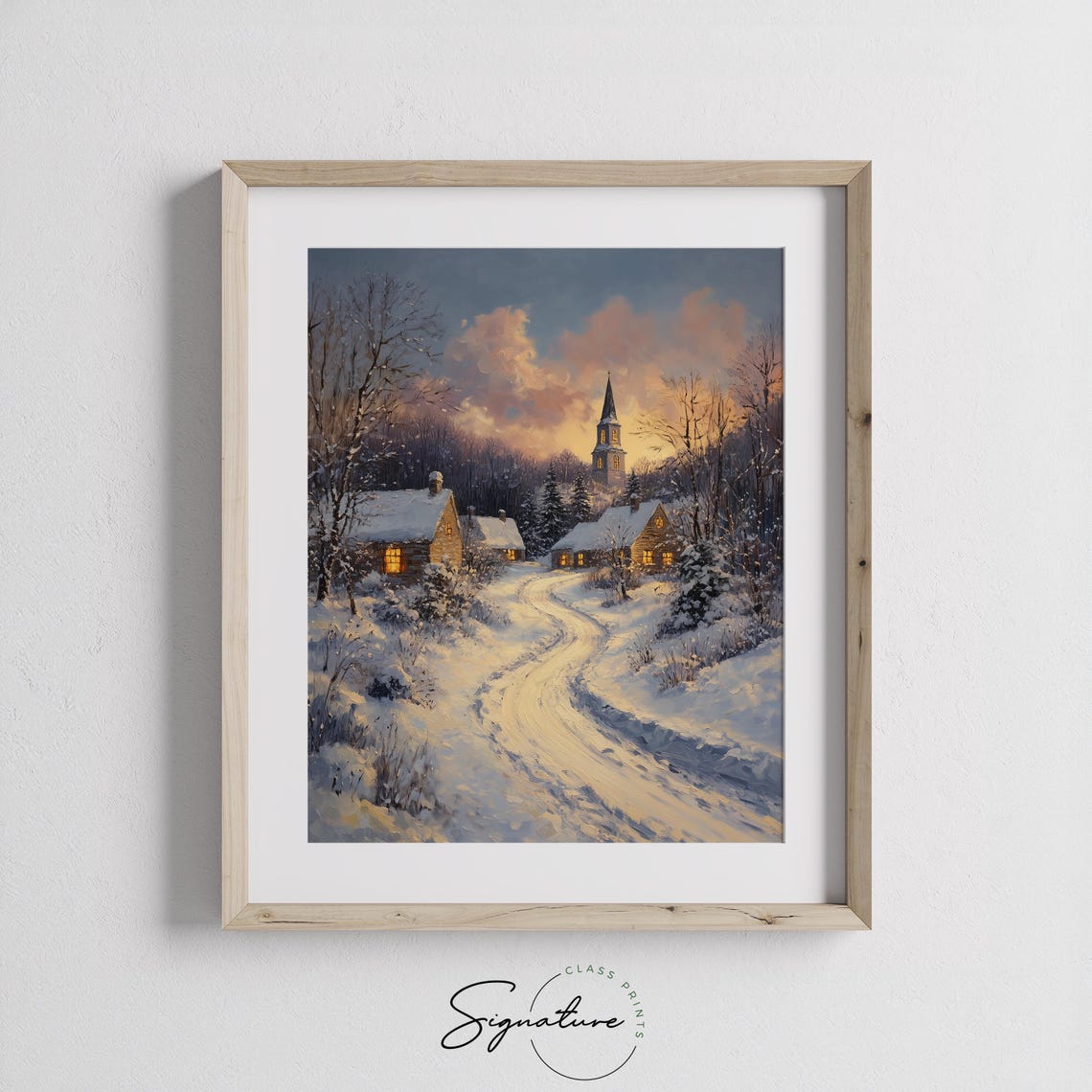Snowy Church Village at Dusk with Glowing Windows Winter Poster - Image 2