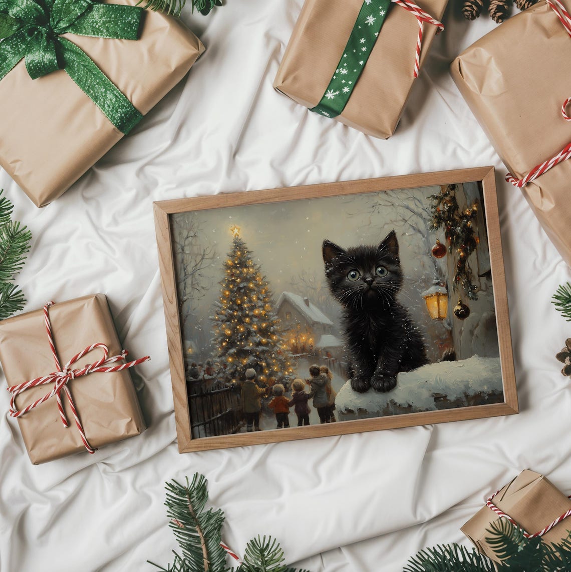 Black Kitten on a Snowy Porch Railing With Christmas Garland Poster - Image 2