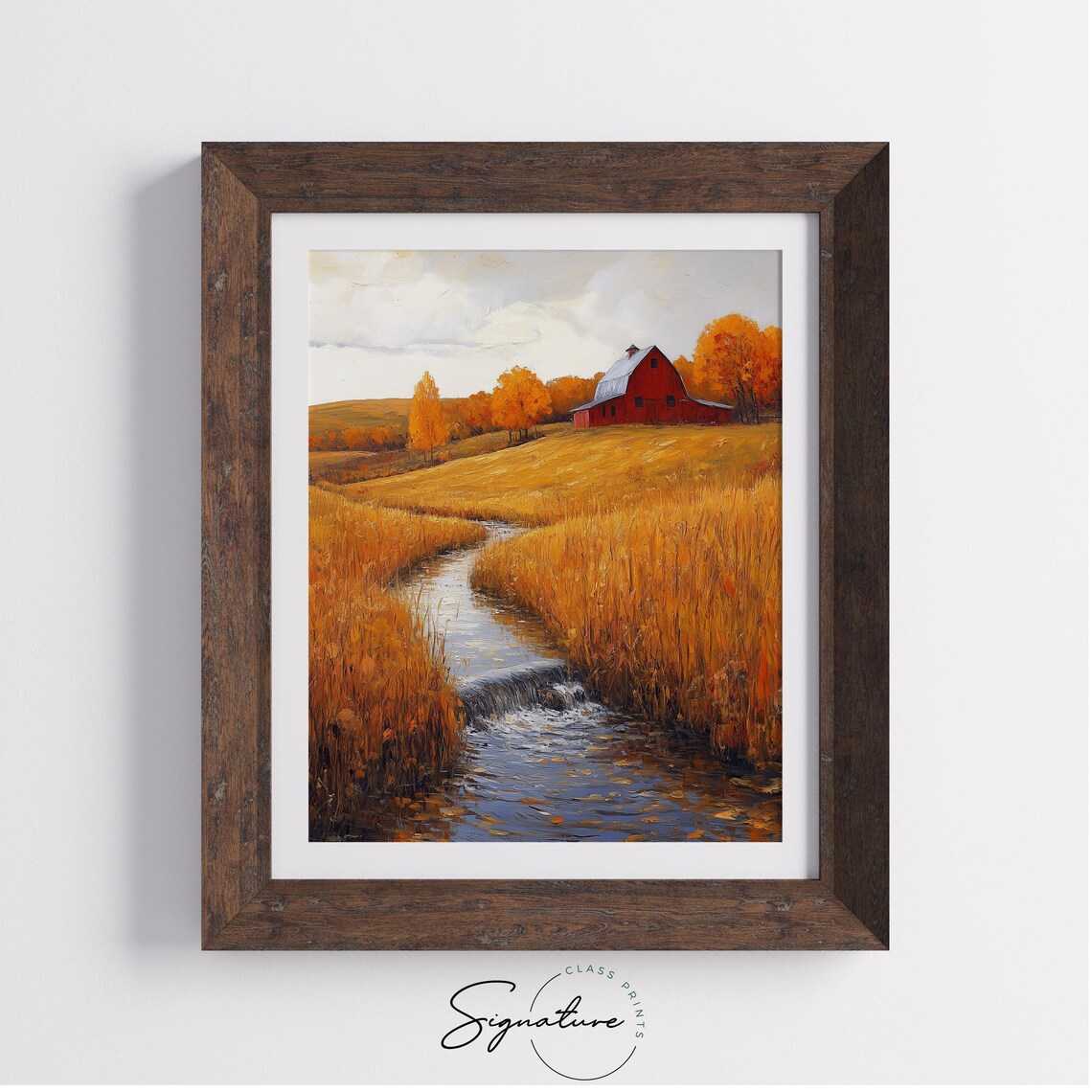 Red Barn Beside Winding Stream Flowing Through Golden Wheat Fields Wall Art - Image 4
