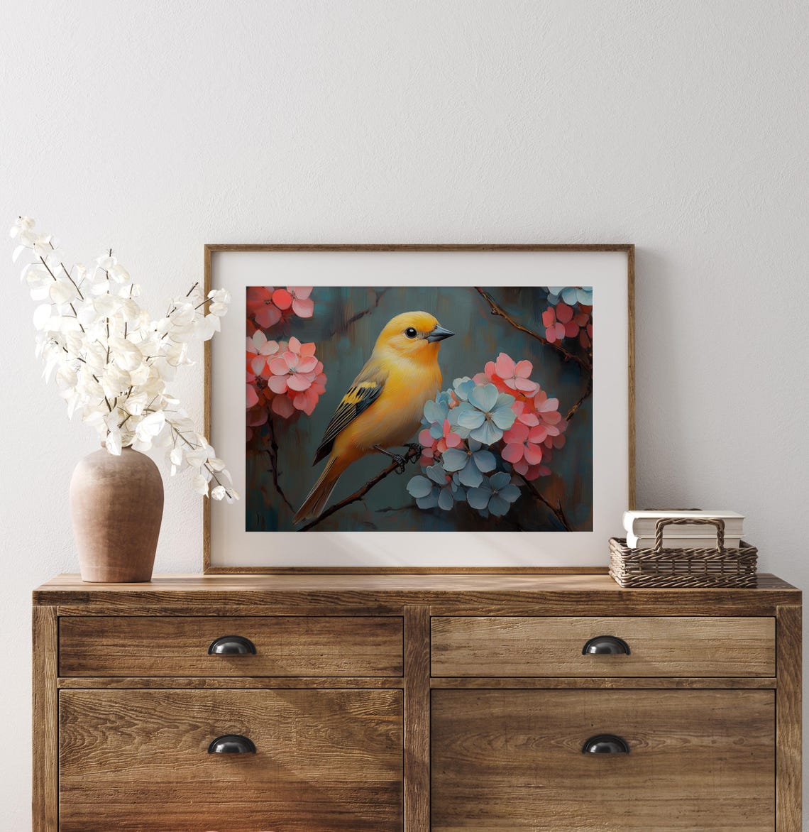 Goldfinch Perched On Hydrangeas Teal Vintage Bird Frame Art Print - Image 2