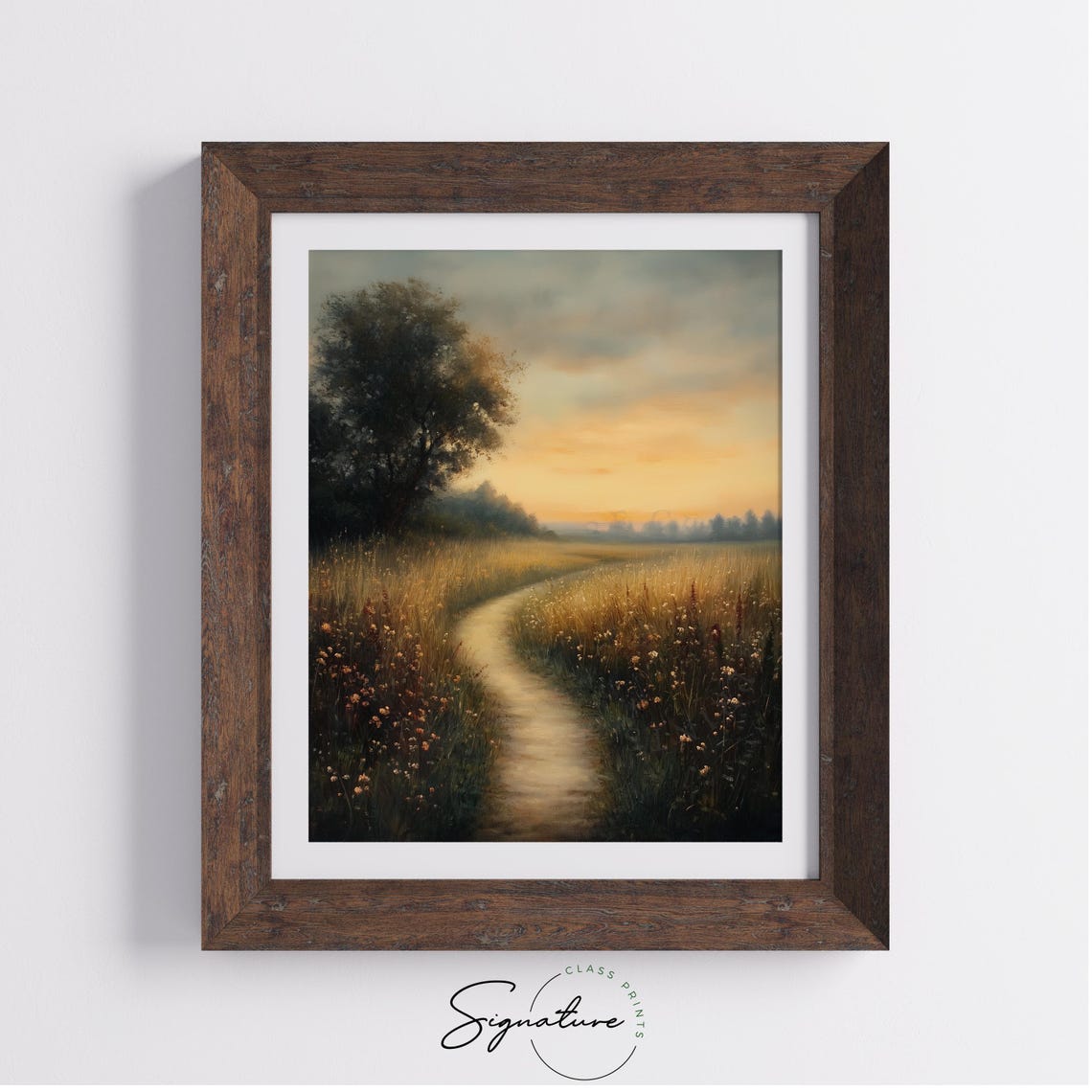 Quiet Country Lane Golden Sunset Light Over Wildflower Field Poster - Image 3