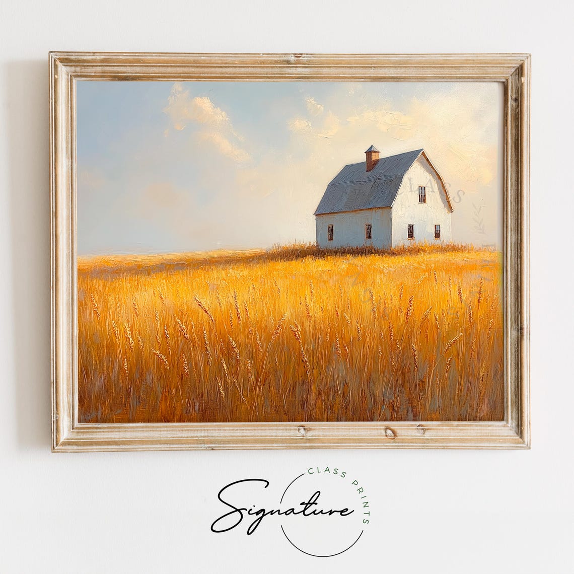 White Barn Wheat Field Golden Sky Autumn Farmhouse Landscape Wall Art